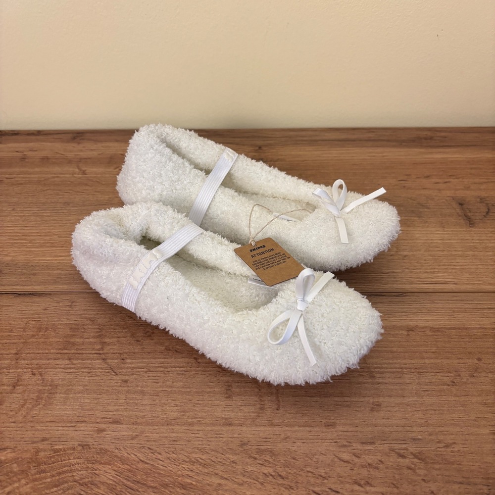 New Skims Cozy Ballet Slipper Marble White Women Size 35 Bow Plush Loungewear